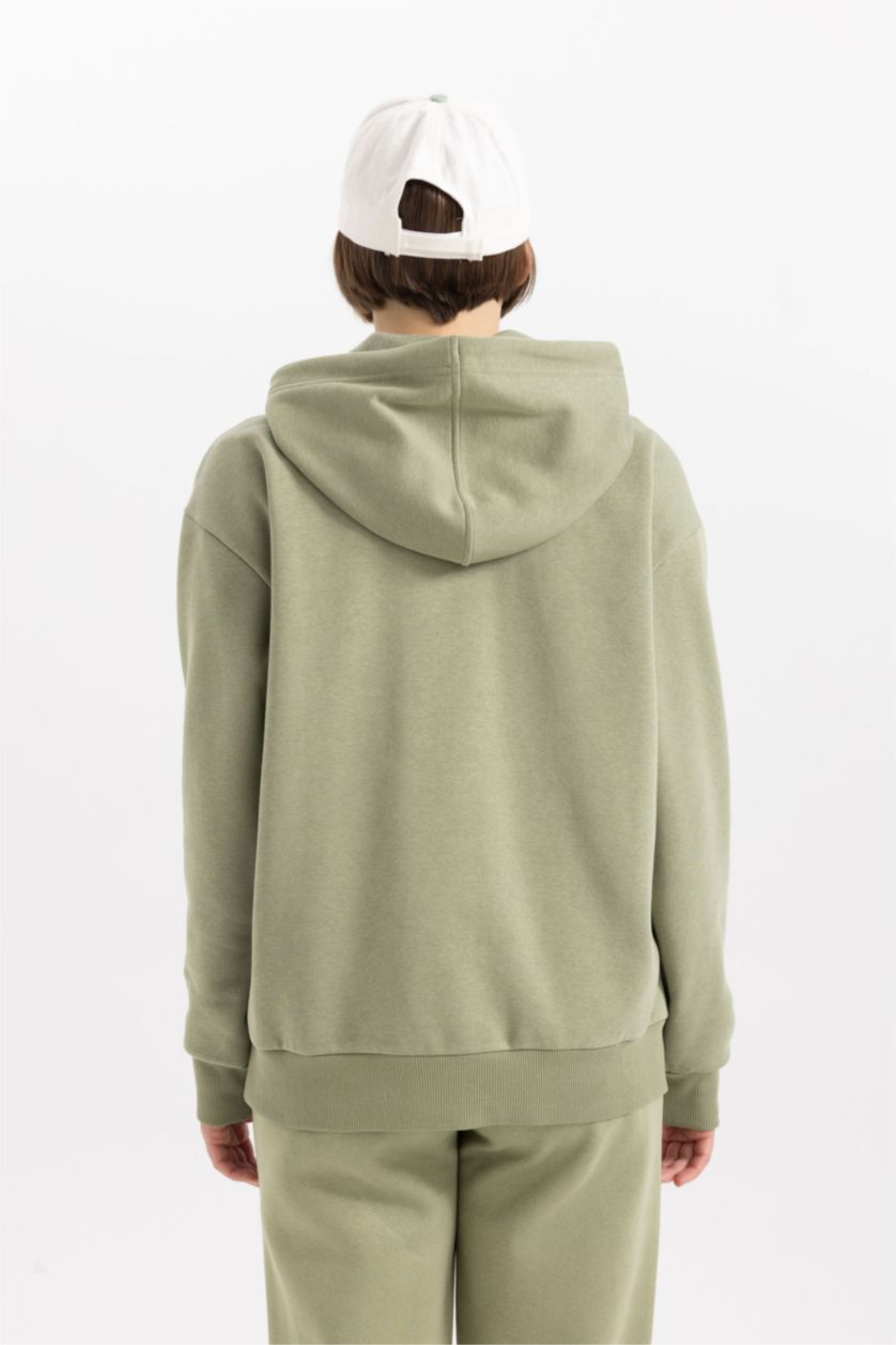 نساء كاكي سويت شيرت مطبوع قصة مريحة بغطاء للرأس