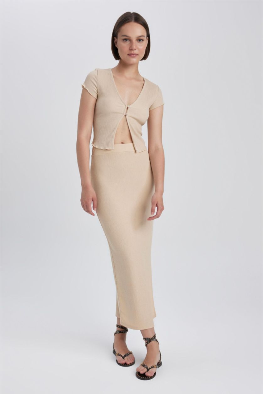 Женская Бежевый Футболка приталенного кроя с V-образным вырезом