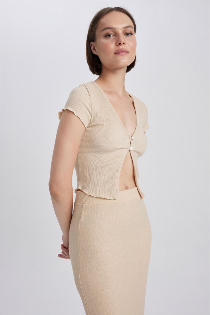 Женская Бежевый Футболка приталенного кроя с V-образным вырезом