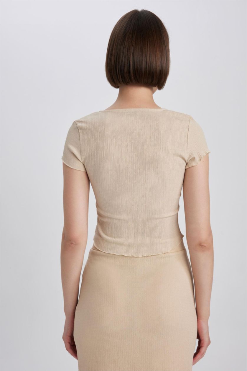 Женская Бежевый Футболка приталенного кроя с V-образным вырезом