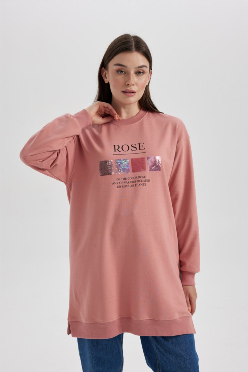 FEMME Bordeaux Tunique Sweat-Shirt Coupe Régulière Col Rond Avec Broderie