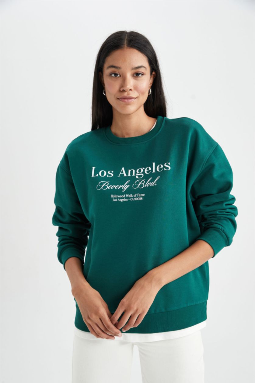 FEMME Vert Foncé Sweat- Shirt Coupe Relax Col Rond à Manches Longues