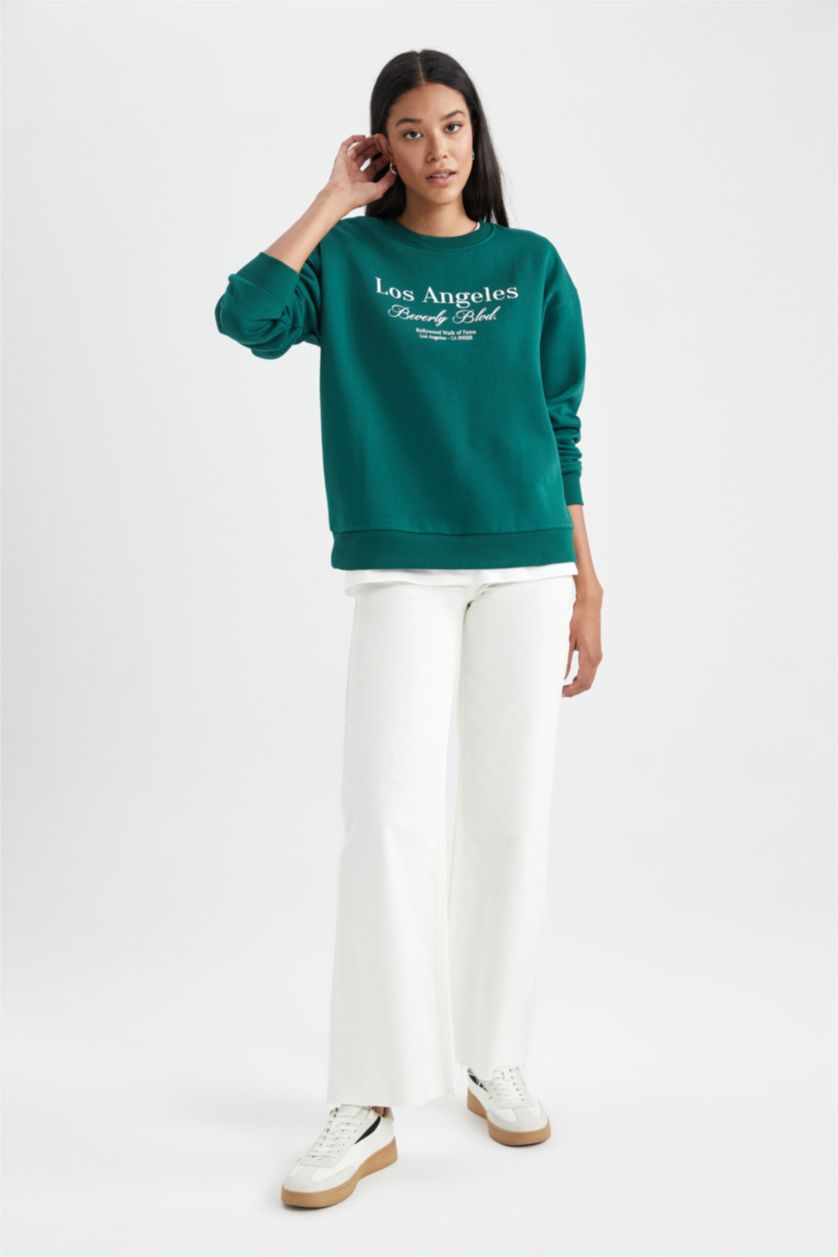 FEMME Vert Foncé Sweat- Shirt Coupe Relax Col Rond à Manches Longues