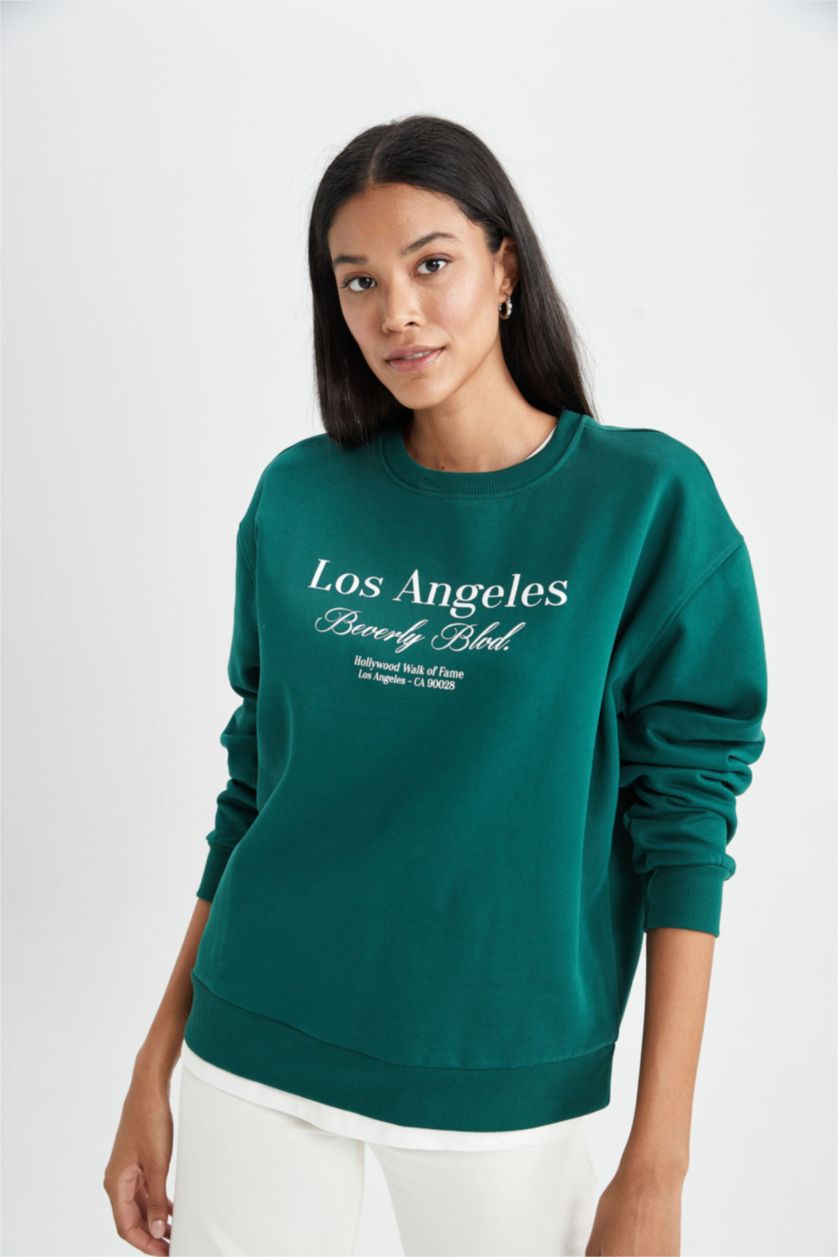FEMME Vert Foncé Sweat- Shirt Coupe Relax Col Rond à Manches Longues
