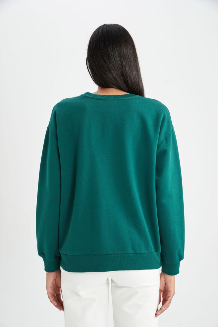 FEMME Vert Foncé Sweat- Shirt Coupe Relax Col Rond à Manches Longues
