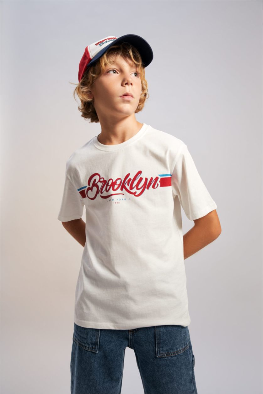 Мальчики и подростки Бежевый Футболка с принтом с круглым вырезом для мальчиков, Школьная коллекция