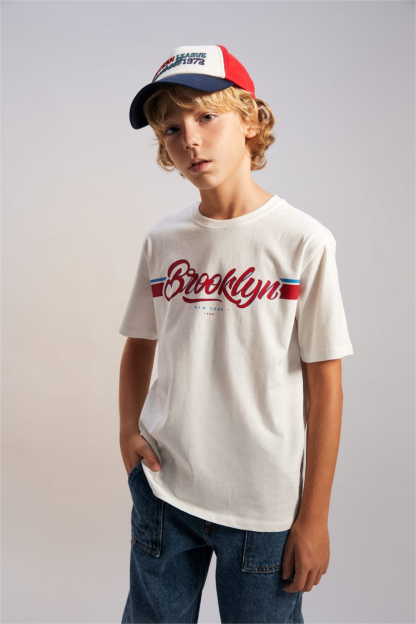 Мальчики и подростки Бежевый Футболка с принтом с круглым вырезом для мальчиков, Школьная коллекция