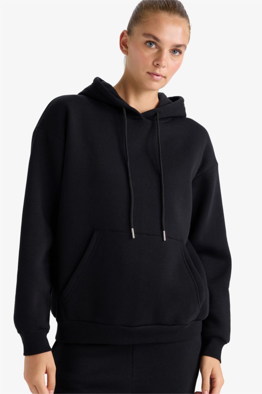 حريمي أسود سويت شيرت بيزك قصة مريحة بكابيشون