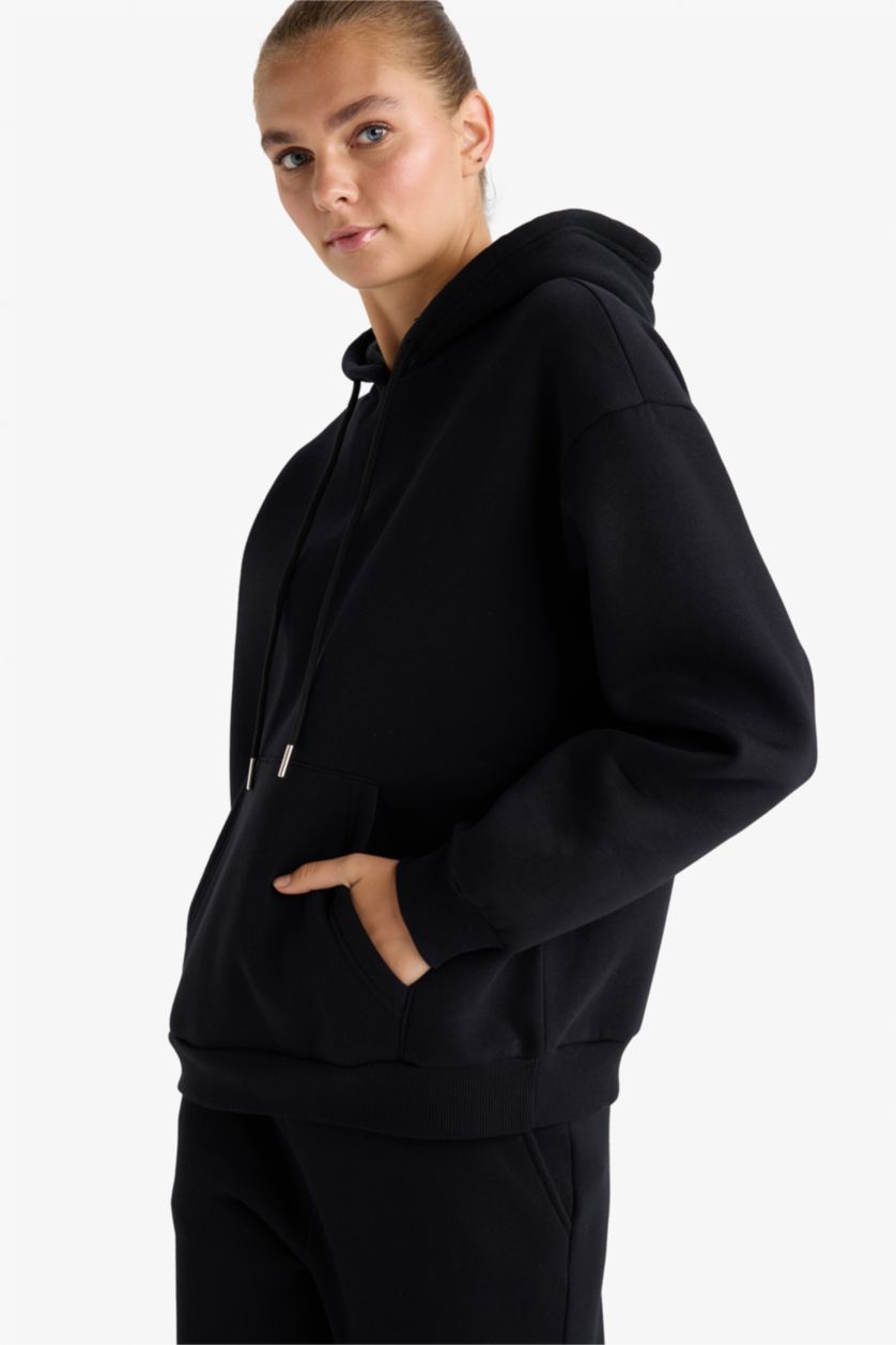 حريمي أسود سويت شيرت بيزك قصة مريحة بكابيشون