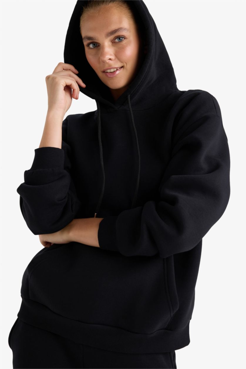 حريمي أسود سويت شيرت بيزك قصة مريحة بكابيشون