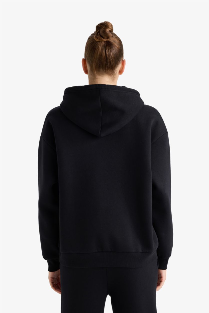 حريمي أسود سويت شيرت بيزك قصة مريحة بكابيشون