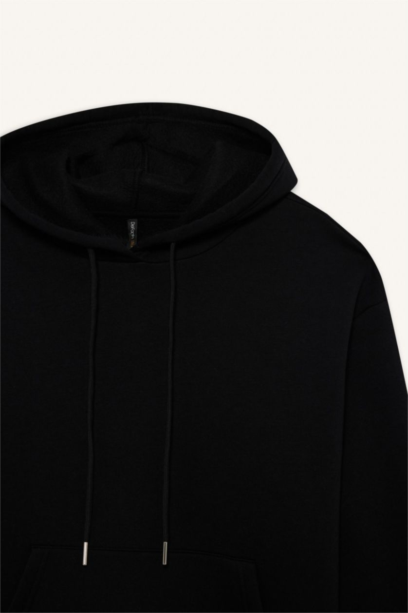 حريمي أسود سويت شيرت بيزك قصة مريحة بكابيشون