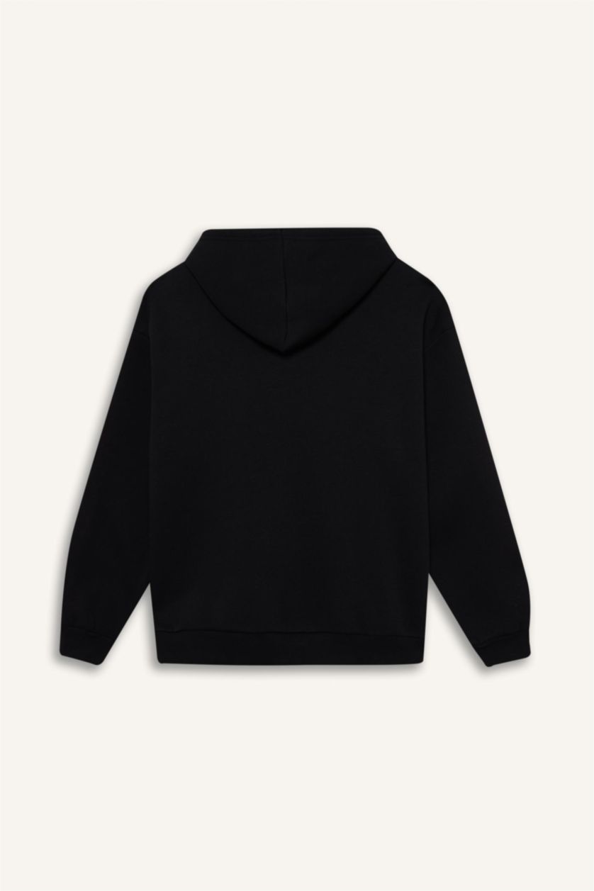 حريمي أسود سويت شيرت بيزك قصة مريحة بكابيشون