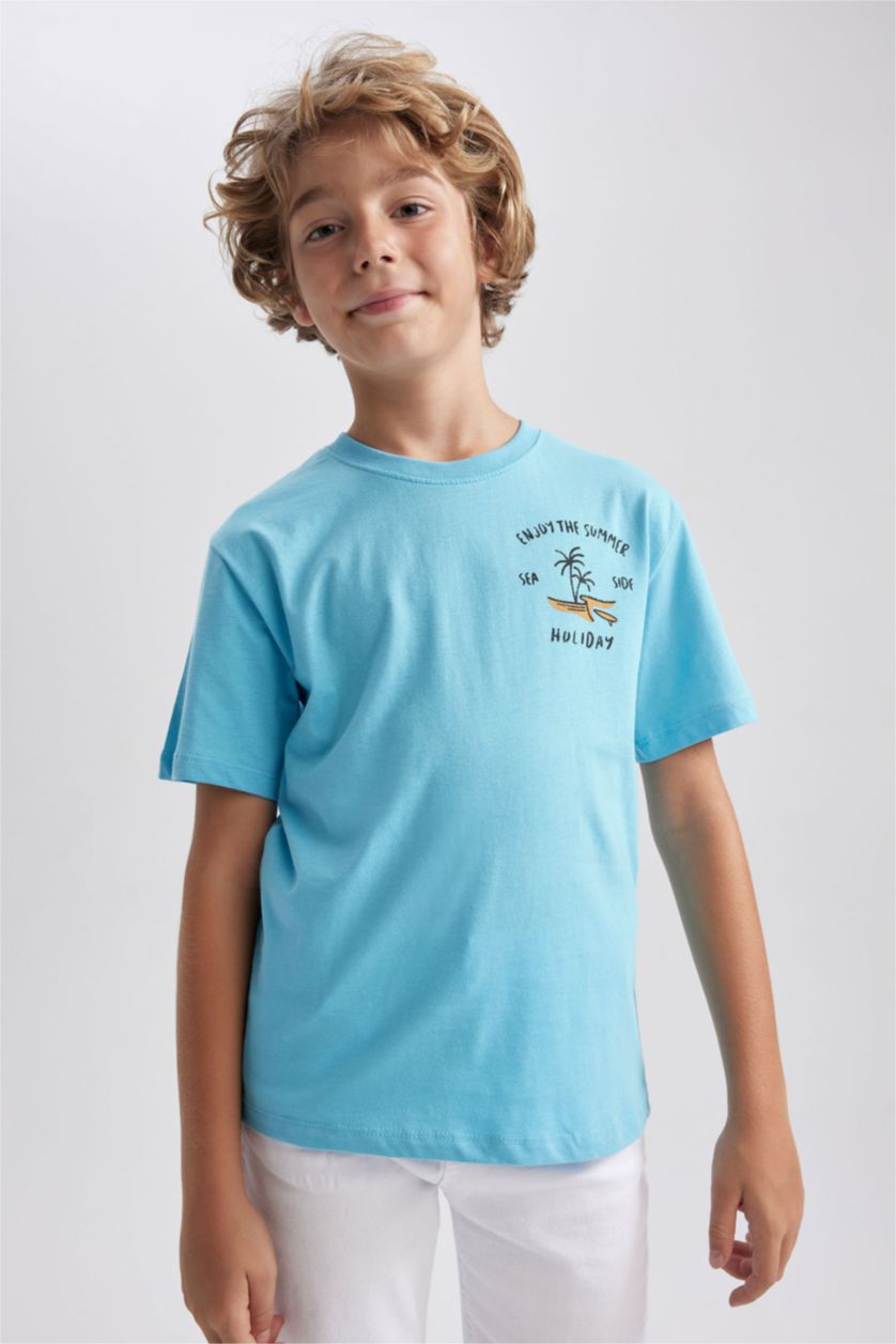 BOYS & TEENS Turquoise New Regular Fit Printed Short Sleeve T-Shirt