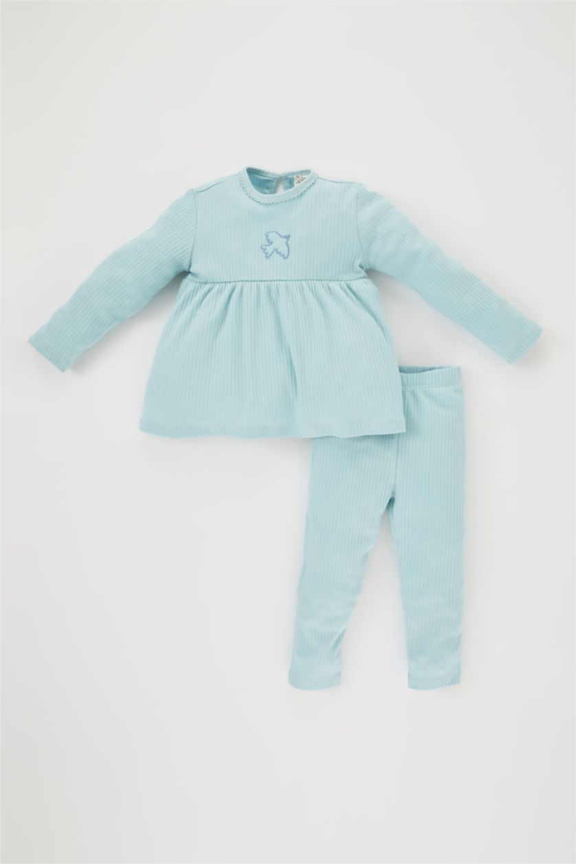 BABY GIRL Light Blue 2 piece Regular Fit Crew Neck Embroidered Knitted Pyjamas