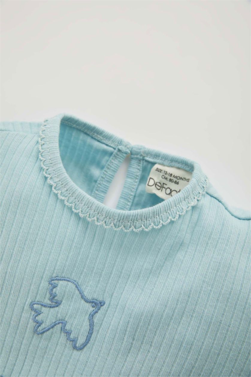BABY GIRL Light Blue 2 piece Regular Fit Crew Neck Embroidered Knitted Pyjamas