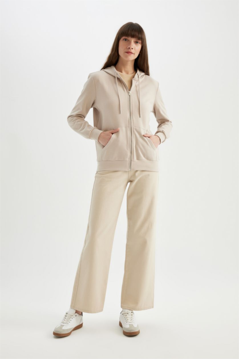 Kadın Kum Regular Fıt İnce Sweatshirt Kumaşı Hırka