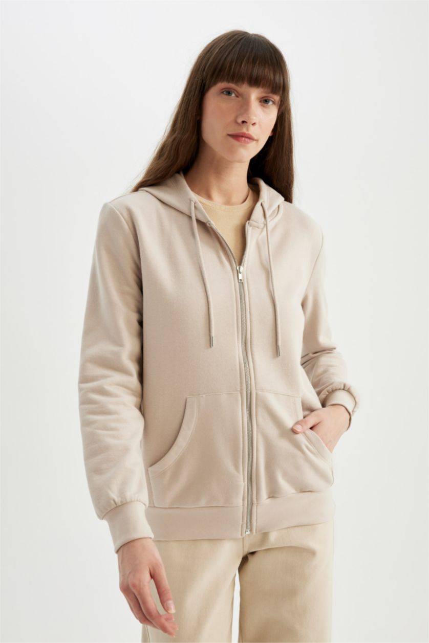 Kadın Kum Regular Fıt İnce Sweatshirt Kumaşı Hırka