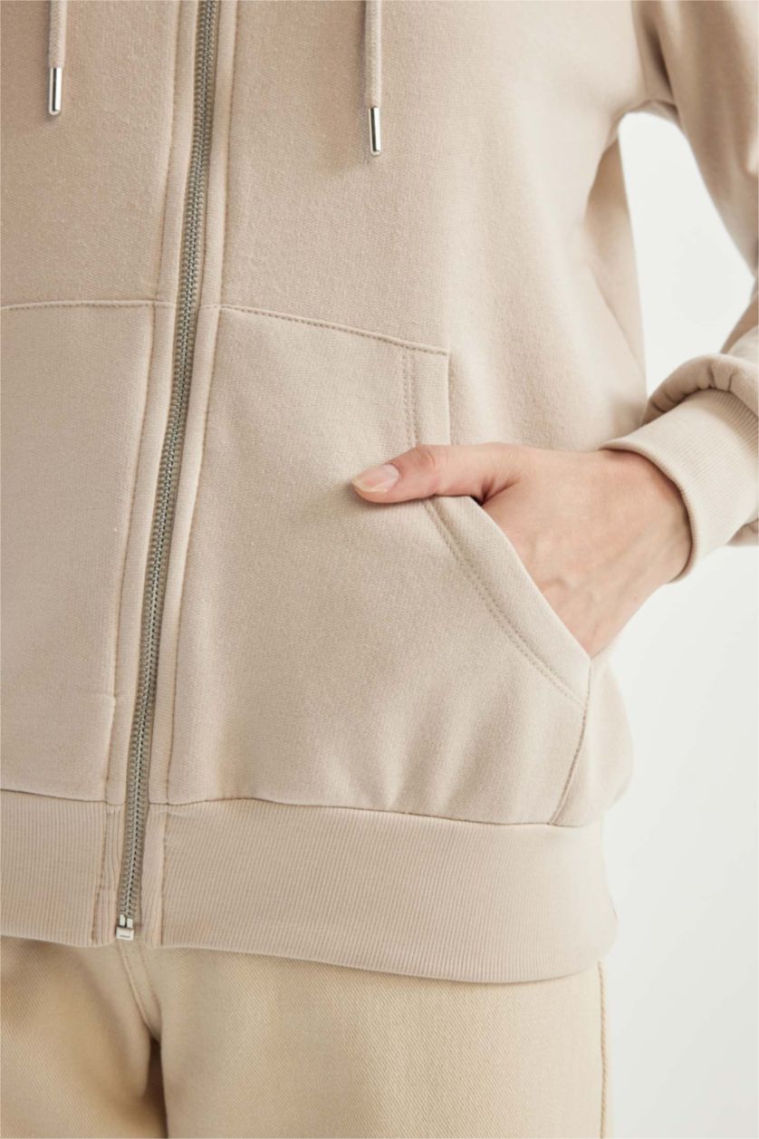 Kadın Kum Regular Fıt İnce Sweatshirt Kumaşı Hırka