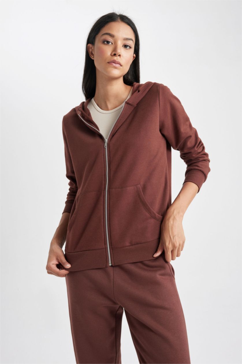 WOMAN Brown Regular Fit Hooded Pocket Basic Zippered Sweatshirt