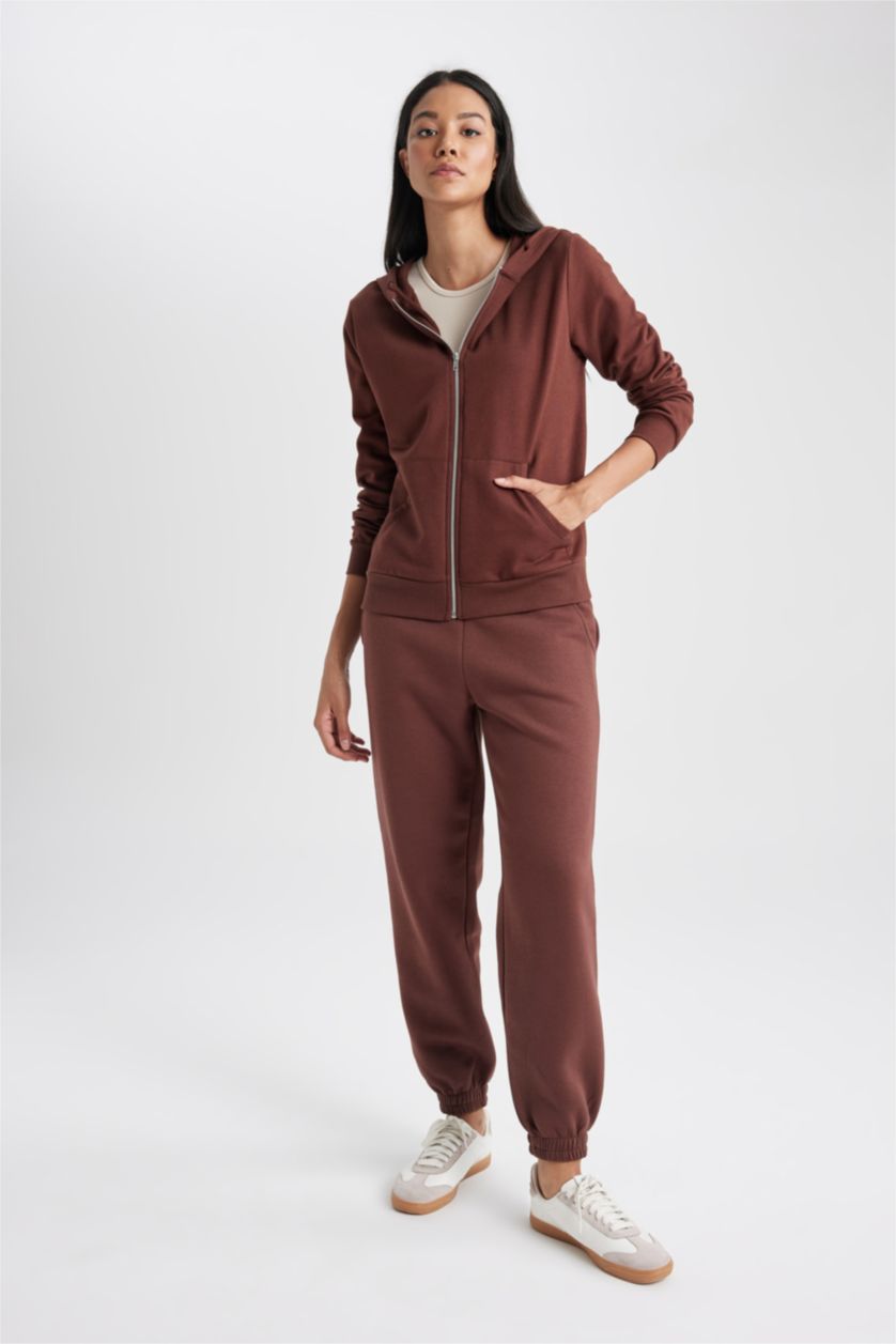 WOMAN Brown Regular Fit Hooded Pocket Basic Zippered Sweatshirt