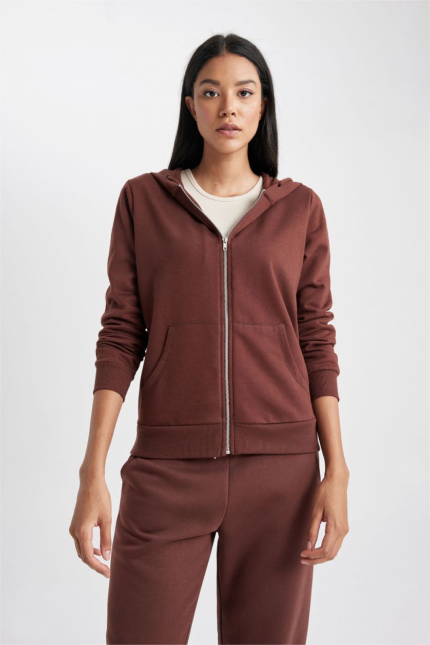 WOMAN Brown Regular Fit Hooded Pocket Basic Zippered Sweatshirt