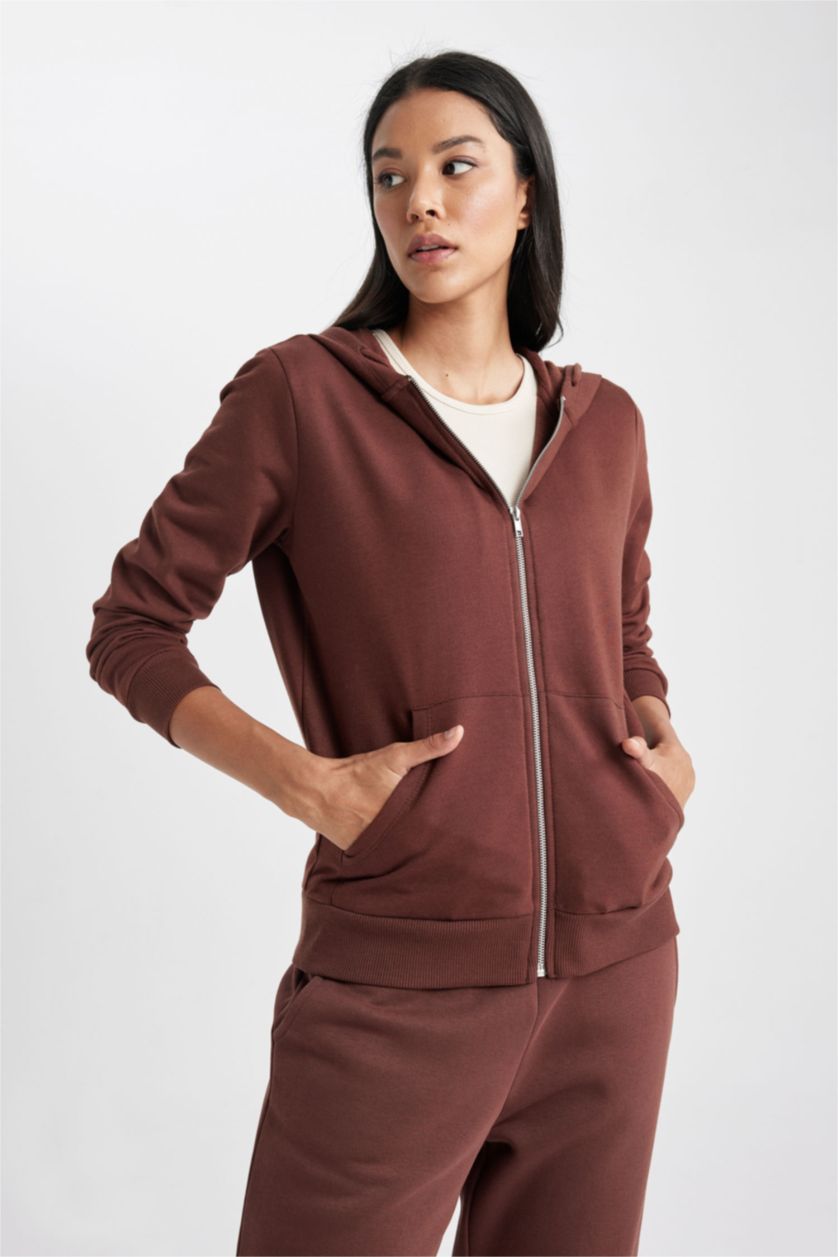 WOMAN Brown Regular Fit Hooded Pocket Basic Zippered Sweatshirt