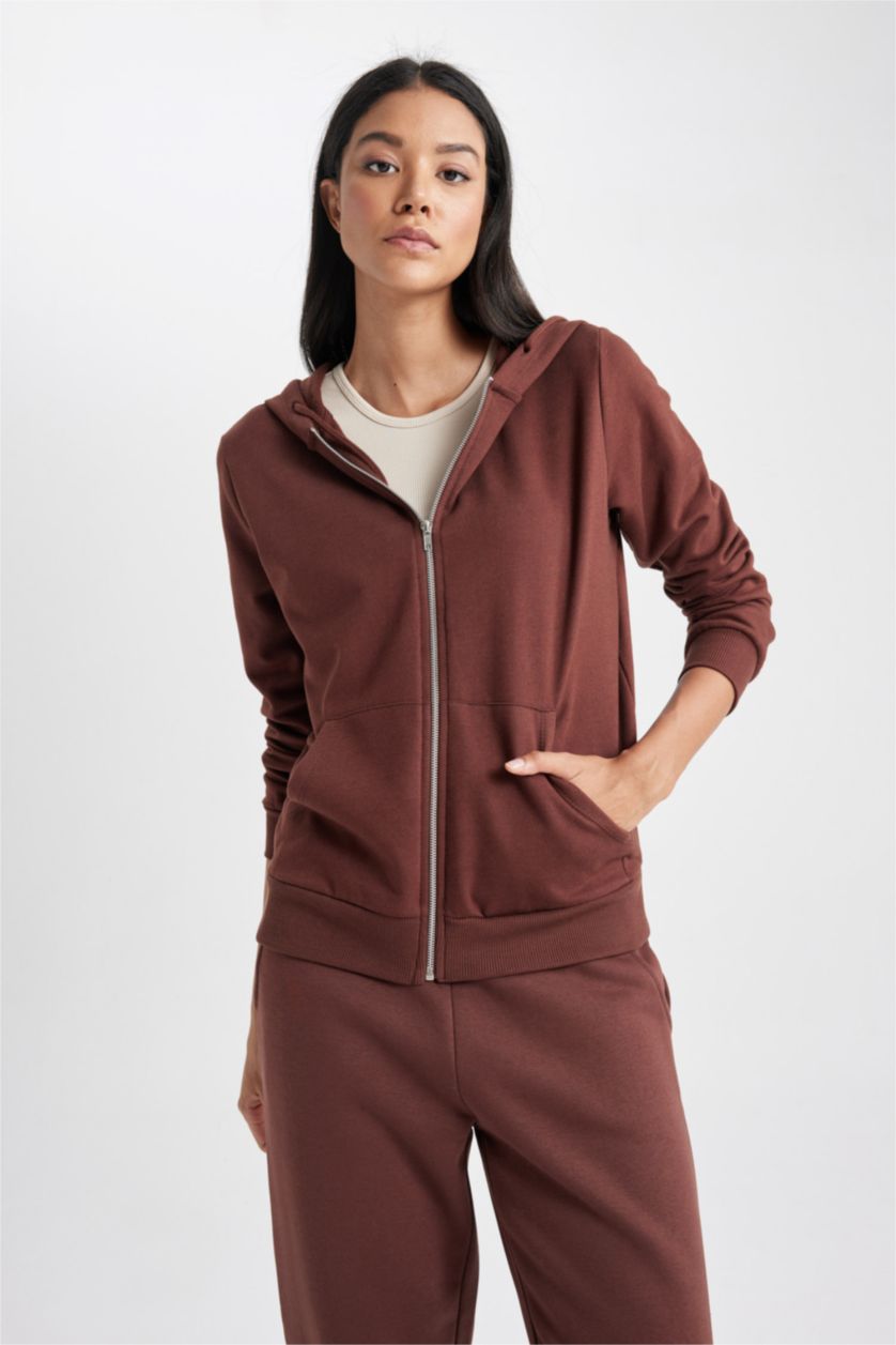 WOMAN Brown Regular Fit Hooded Pocket Basic Zippered Sweatshirt