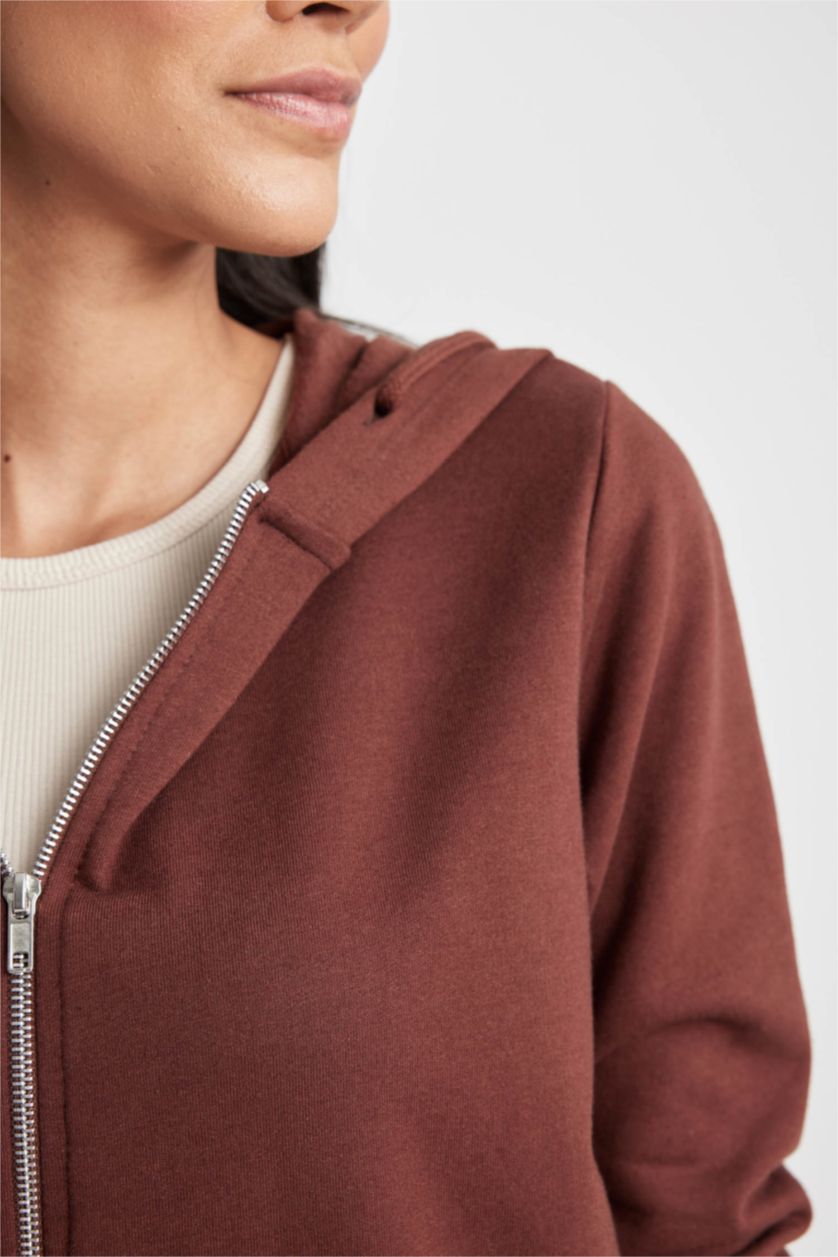 WOMAN Brown Regular Fit Hooded Pocket Basic Zippered Sweatshirt