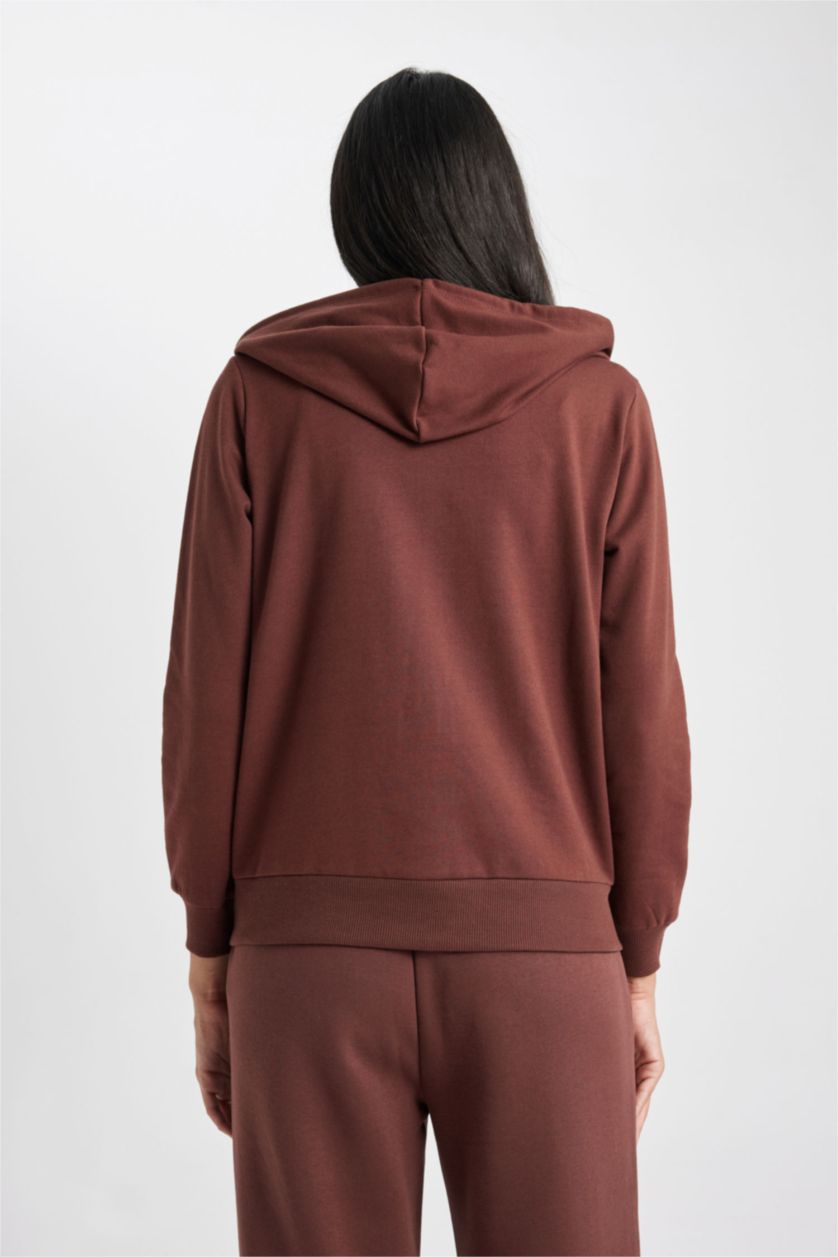 WOMAN Brown Regular Fit Hooded Pocket Basic Zippered Sweatshirt