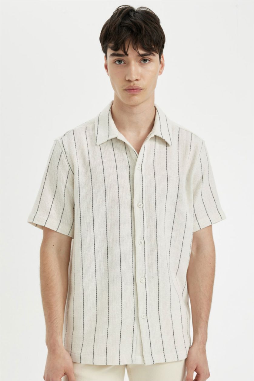 MAN Sand Regular Fit Striped Cotton Short Sleeve Shirt