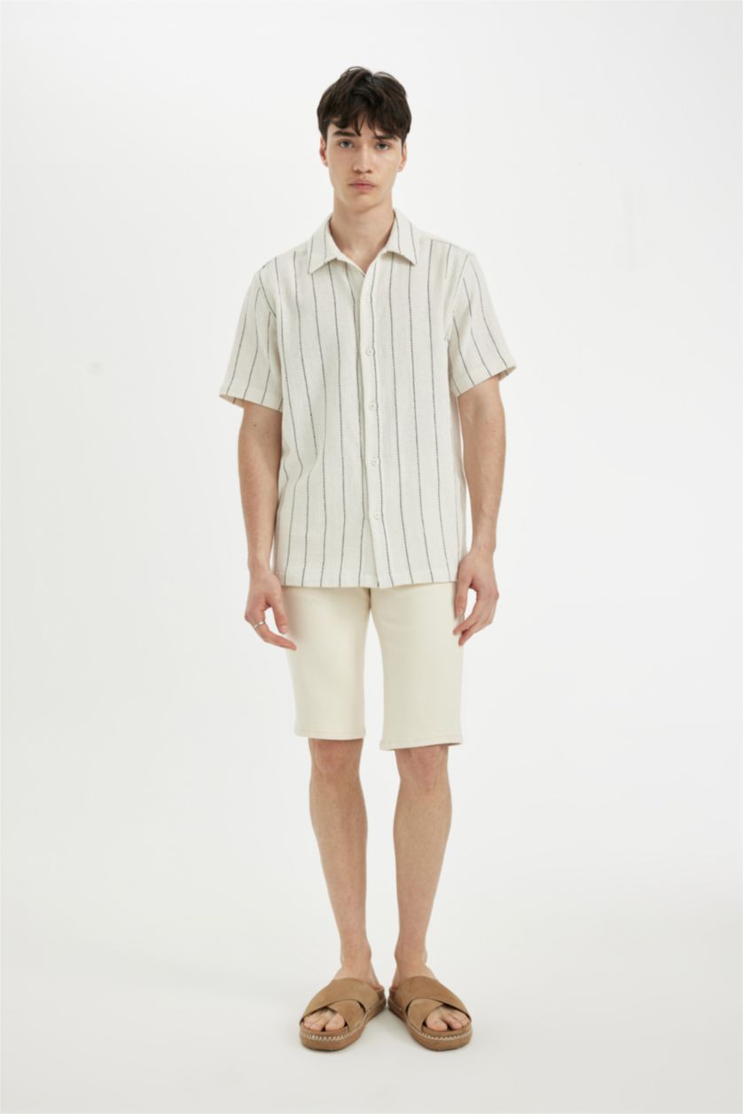 MAN Sand Regular Fit Striped Cotton Short Sleeve Shirt