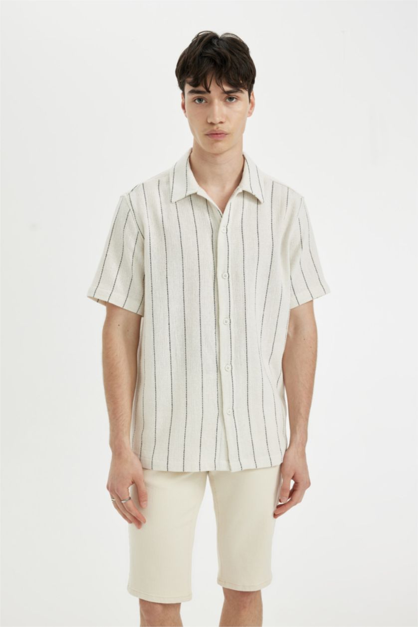 MAN Sand Regular Fit Striped Cotton Short Sleeve Shirt