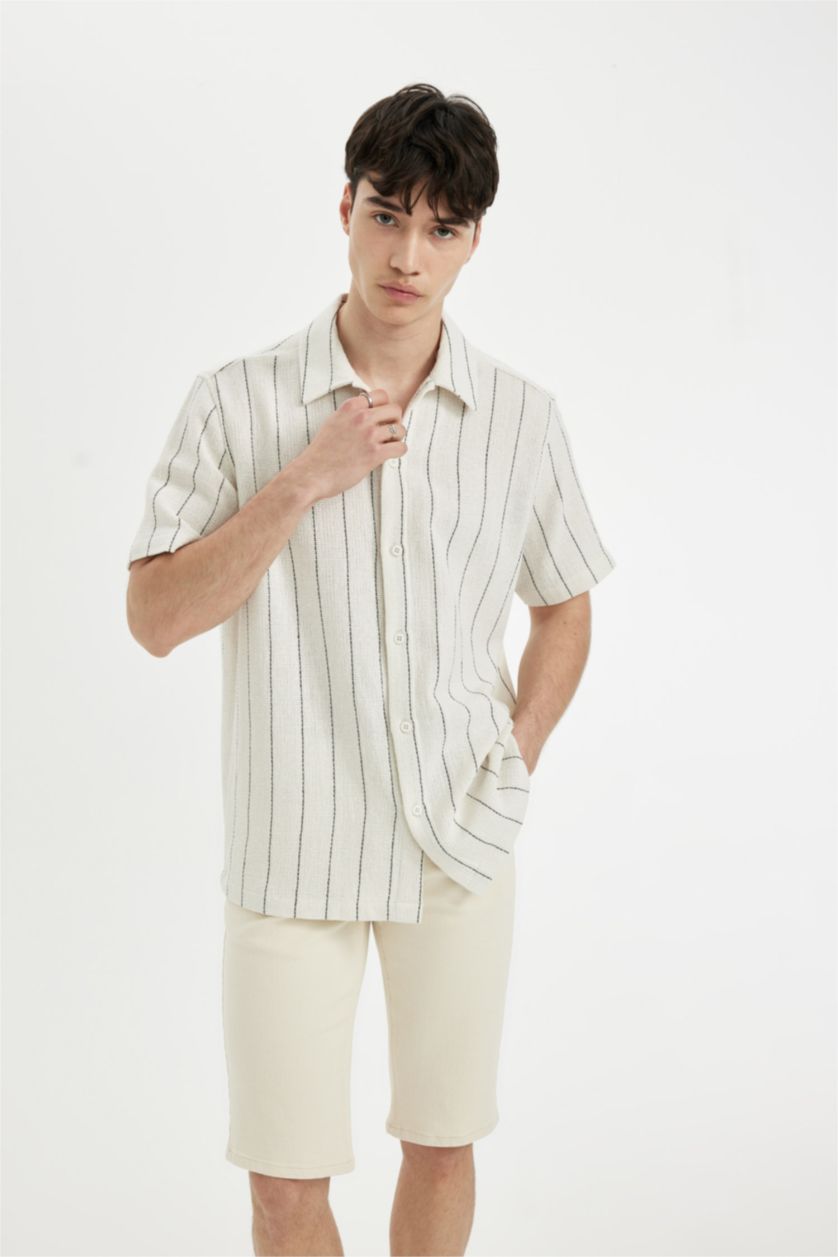 MAN Sand Regular Fit Striped Cotton Short Sleeve Shirt
