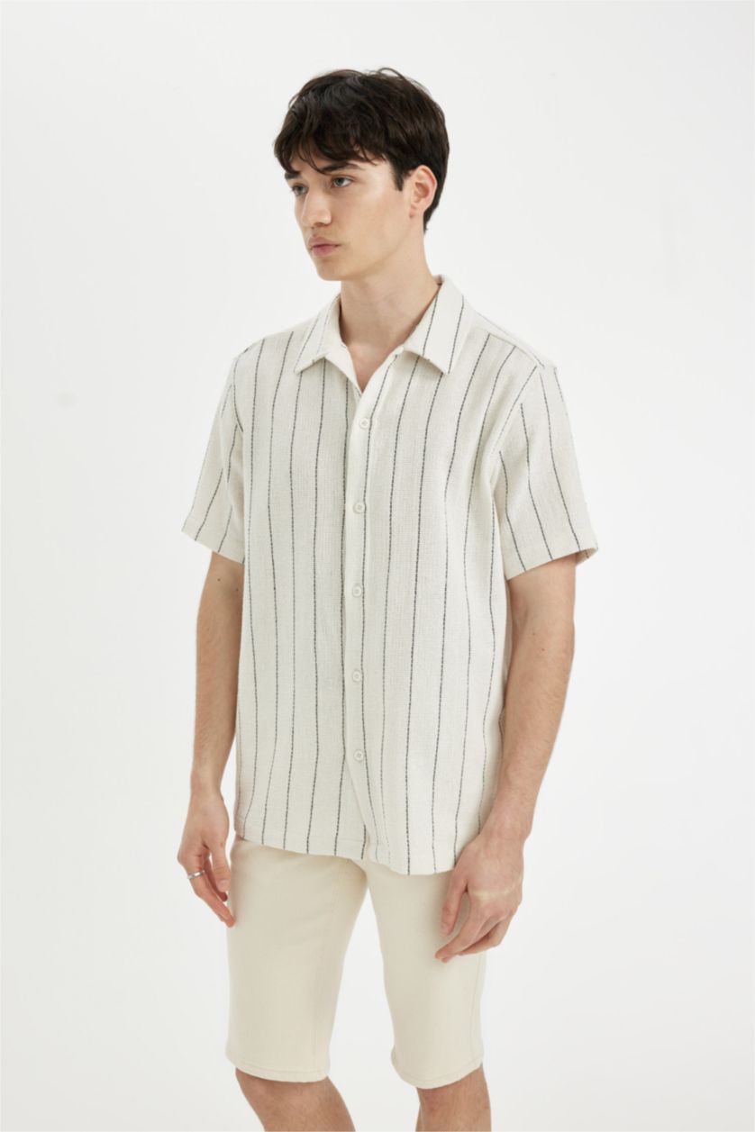 MAN Sand Regular Fit Striped Cotton Short Sleeve Shirt