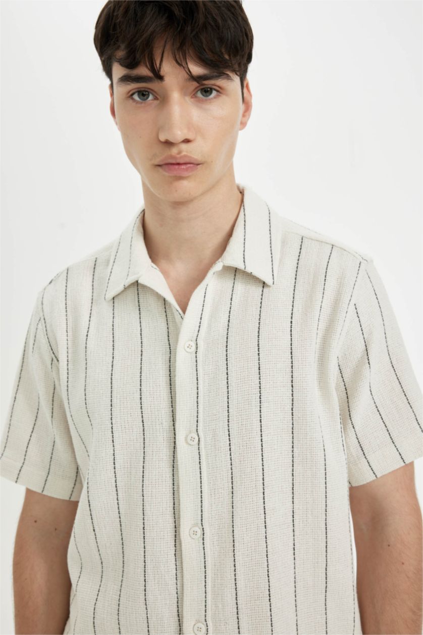 MAN Sand Regular Fit Striped Cotton Short Sleeve Shirt