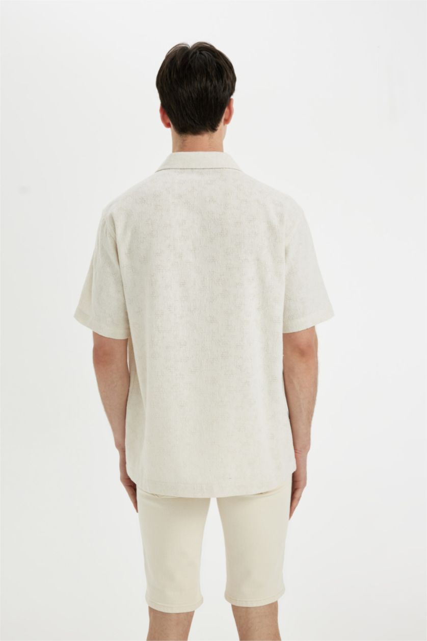 Erkek Kum Regular Fit Yazlık Apaş Yaka Dokulu Kısa Kollu Gömlek