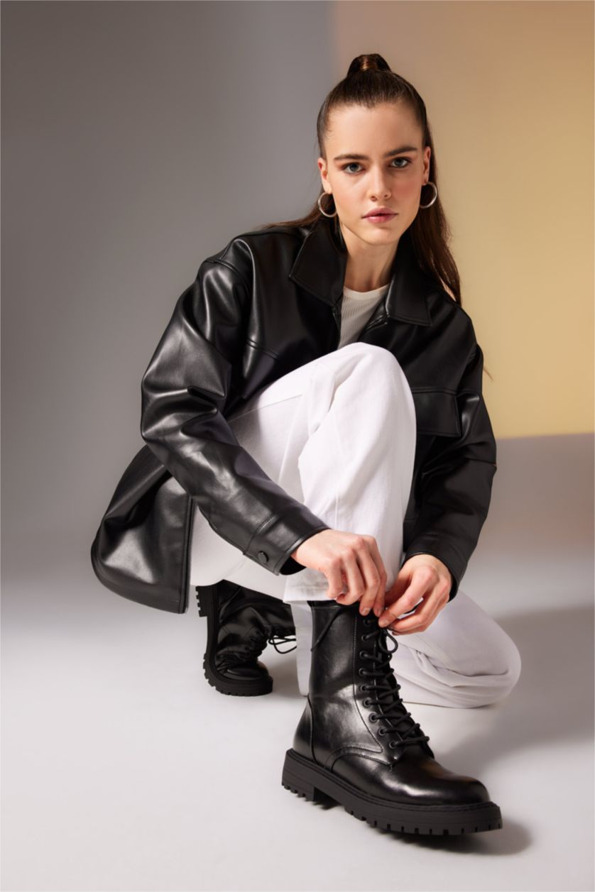 نساء أسود بوت بكعب سميك برباط وسحاب