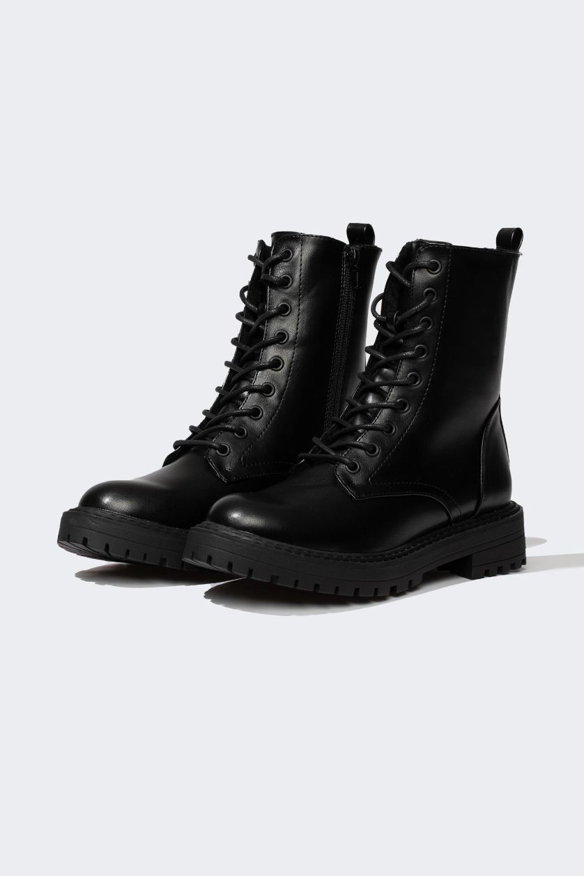 نساء أسود بوت بكعب سميك برباط وسحاب