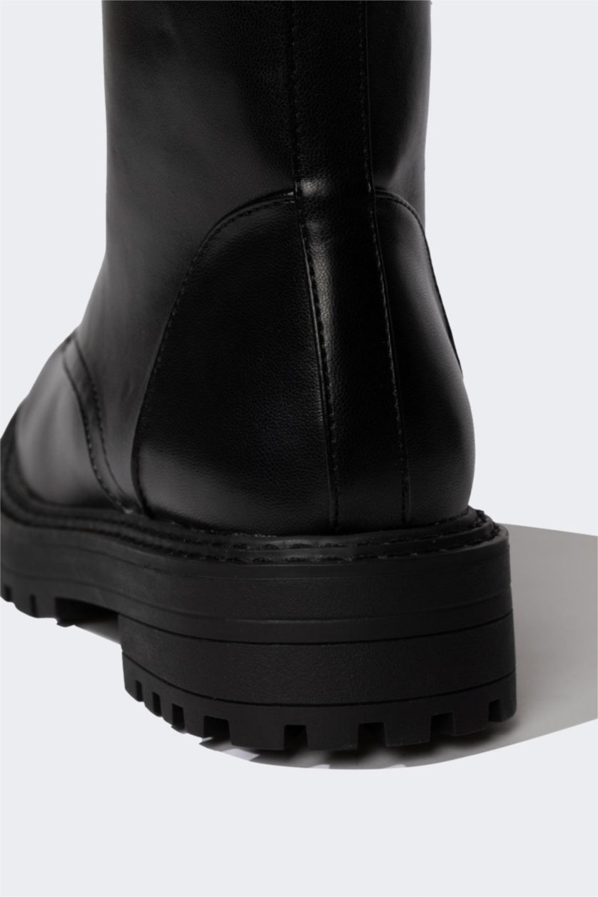 نساء أسود بوت بكعب سميك برباط وسحاب