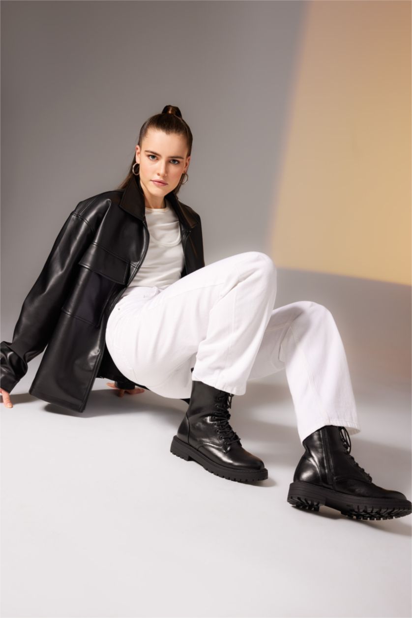 نساء أسود بوت بكعب سميك برباط وسحاب