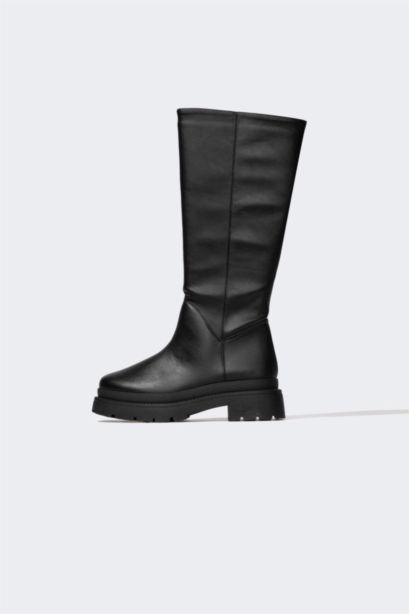 FEMME Noir Bottes d'Hiver En Cuir Synthétique à Semelle Épaisse Pour Femme
