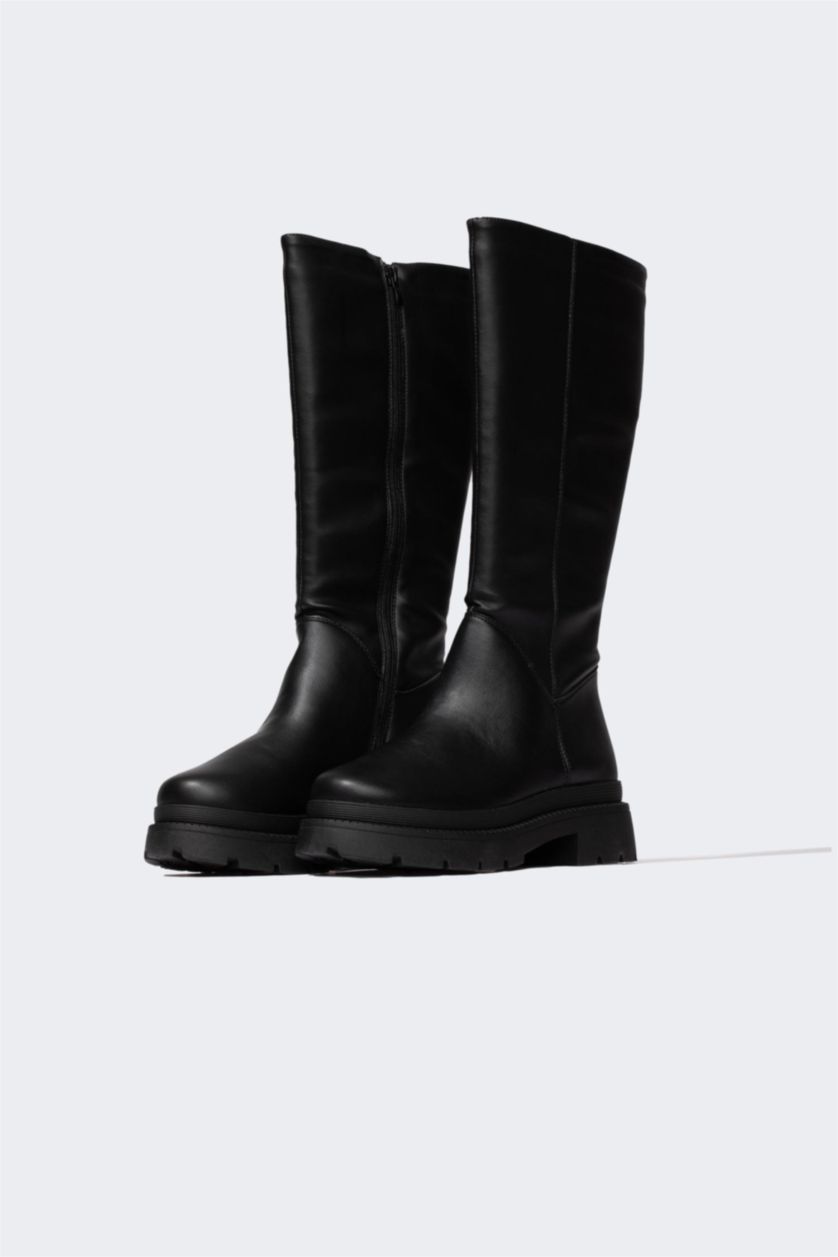 FEMME Noir Bottes d'Hiver En Cuir Synthétique à Semelle Épaisse Pour Femme