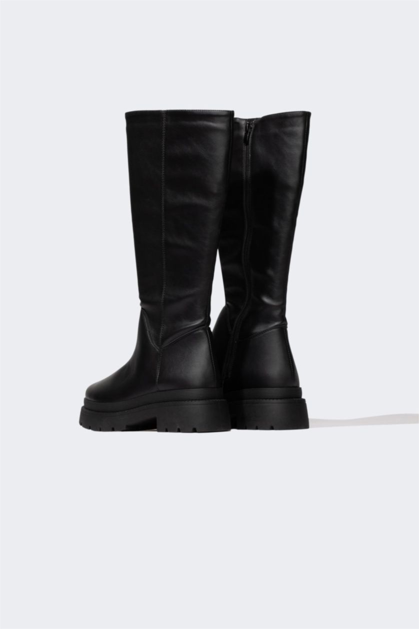 FEMME Noir Bottes d'Hiver En Cuir Synthétique à Semelle Épaisse Pour Femme