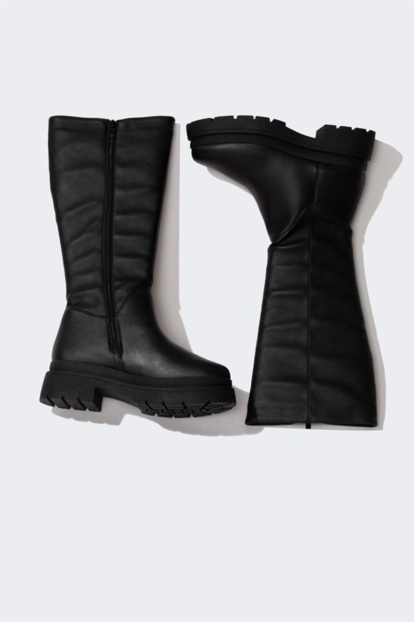 FEMME Noir Bottes d'Hiver En Cuir Synthétique à Semelle Épaisse Pour Femme