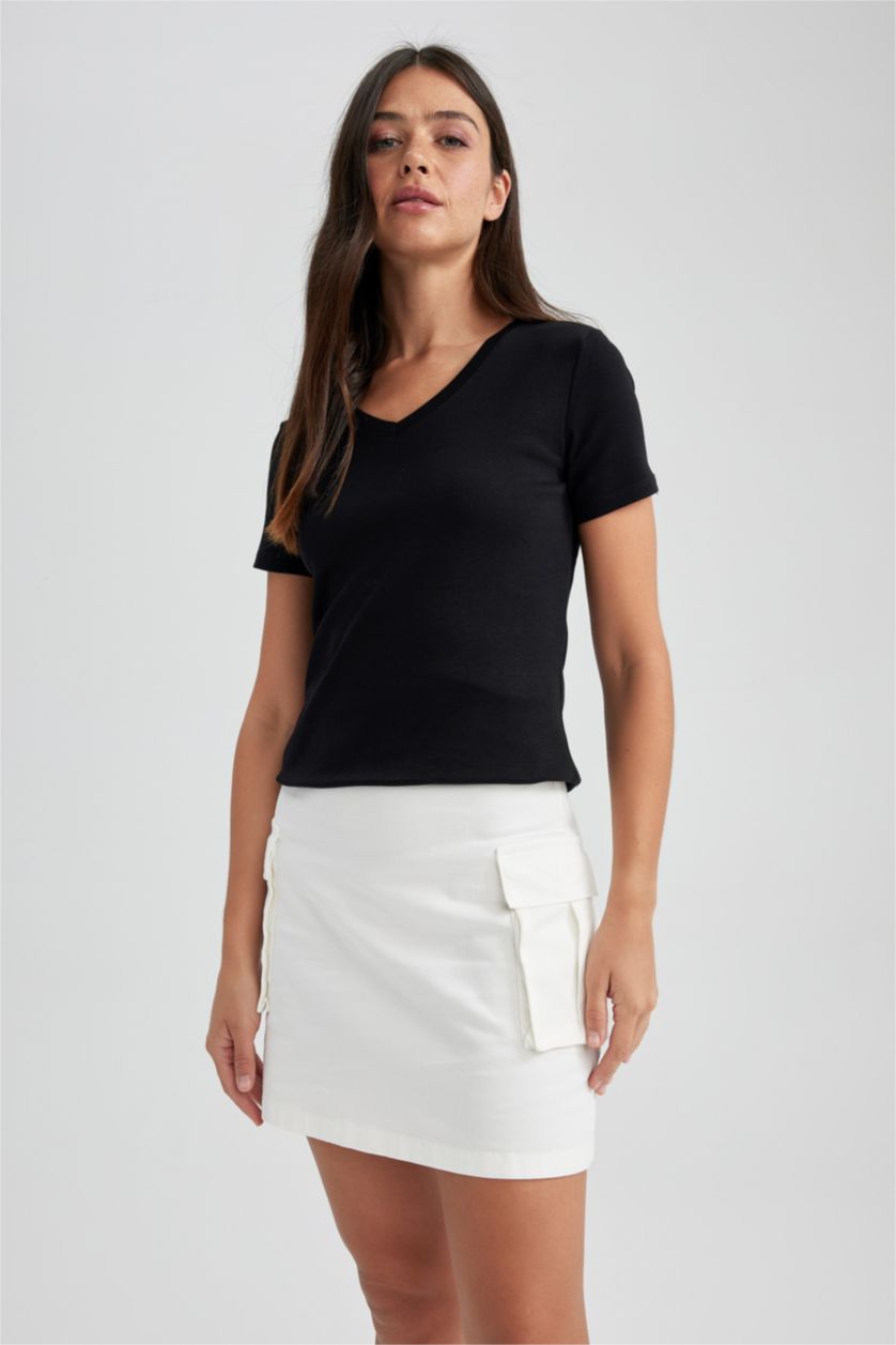 Woman White A Cut Gabardine Normal Waist Mini Skirt