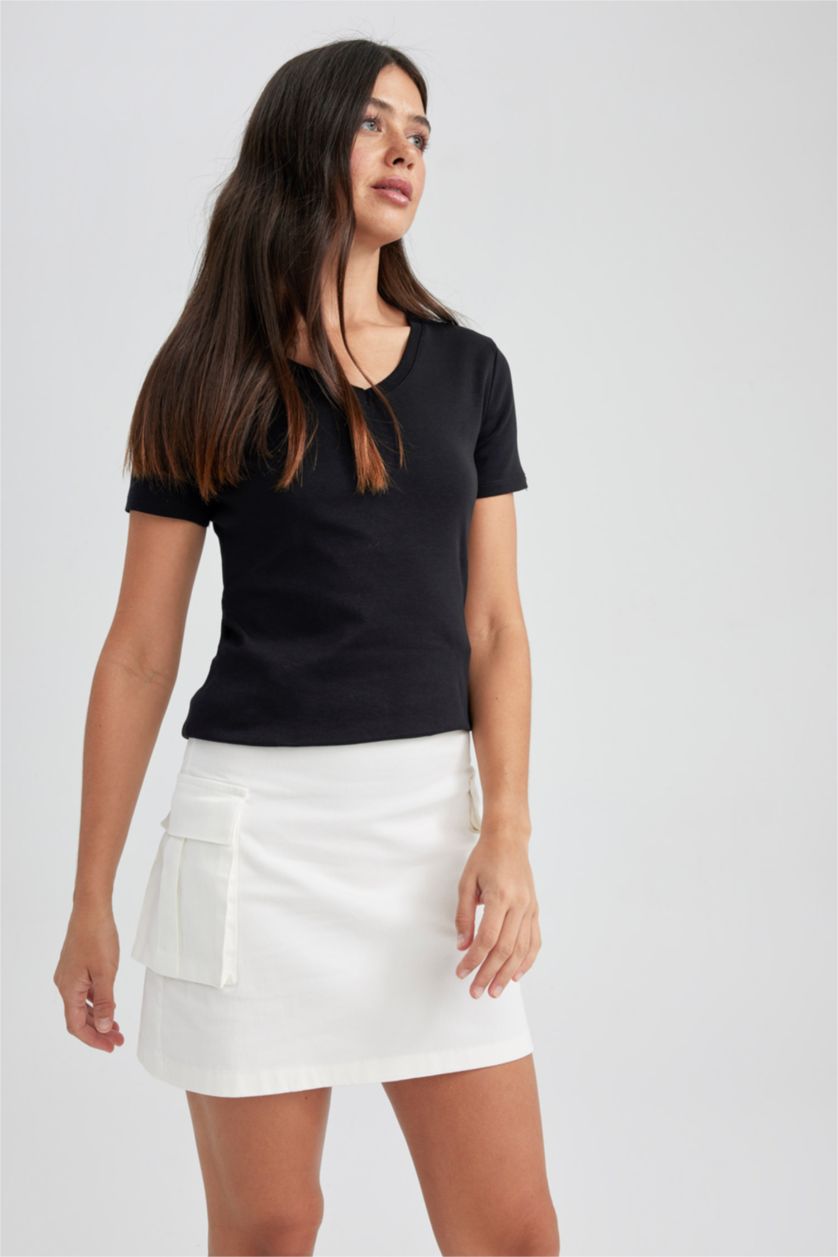 Woman White A Cut Gabardine Normal Waist Mini Skirt