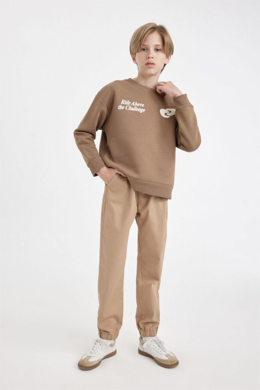 Erkek Çocuk - Genç Erkek Koyu Kum Beli Bağcıklı Lastikli Paça Cepli Basic Düz Jogger Gabardin Pantolon Erkek Çocuk