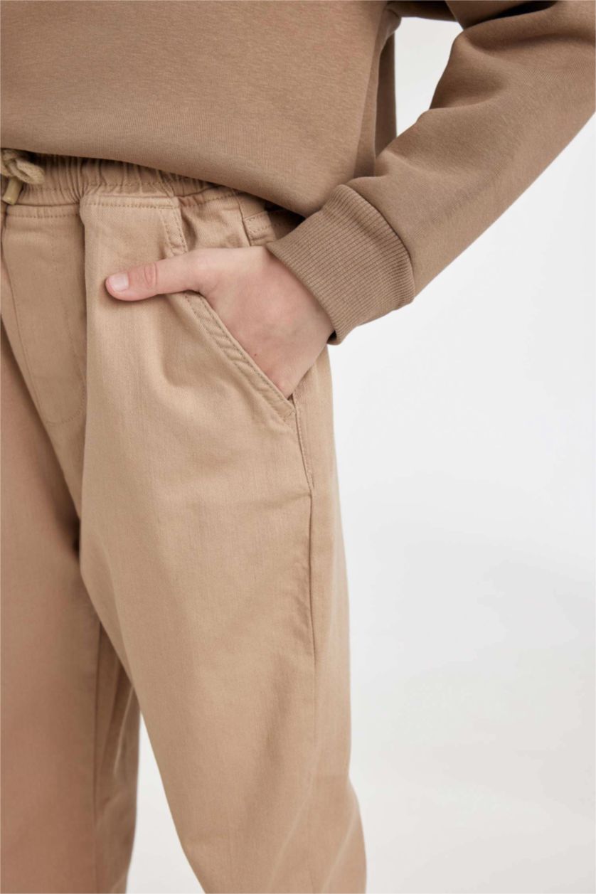 Erkek Çocuk - Genç Erkek Koyu Kum Beli Bağcıklı Lastikli Paça Cepli Basic Düz Jogger Gabardin Pantolon Erkek Çocuk