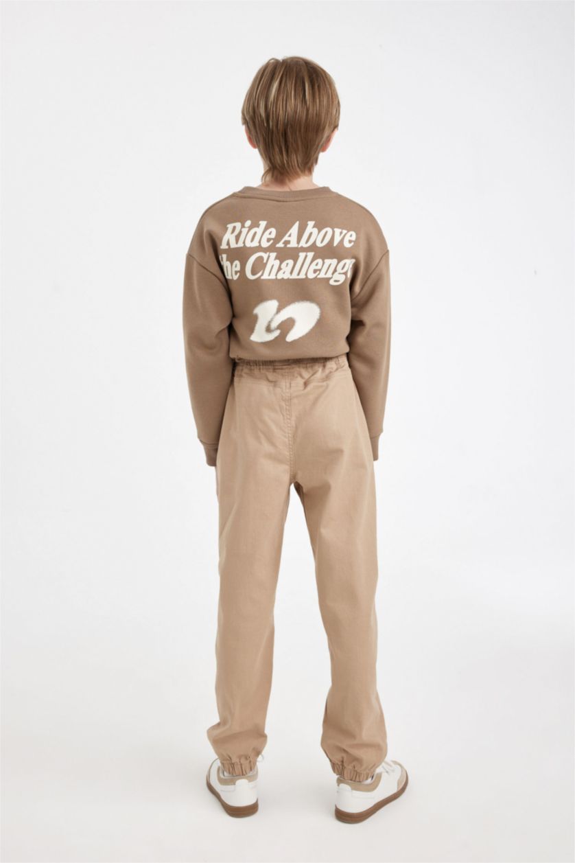 Erkek Çocuk - Genç Erkek Koyu Kum Beli Bağcıklı Lastikli Paça Cepli Basic Düz Jogger Gabardin Pantolon Erkek Çocuk